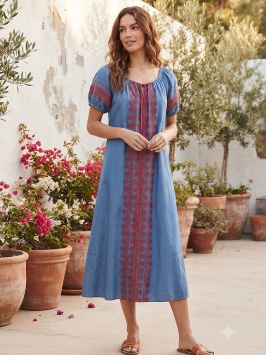 Madewell Dresses & Skirts - Madewell Blue Midi Dress with Red Embroidery